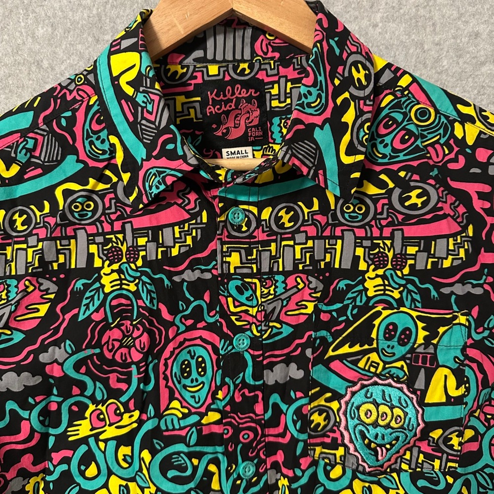 Killer Acid Button Down Shirt Mens Small Multicolor Psychedelic Alien Graphic